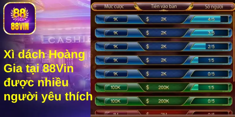 Game bài xì dách Hoàng Gia được chơi nhiều tại cổng game 88Vin 